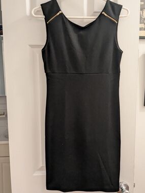 Aqua Black Midi Sheath Dress with Gold Zipper Accents